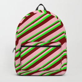 [ Thumbnail: Lime, Maroon, and Pink Colored Stripes/Lines Pattern Backpack ]
