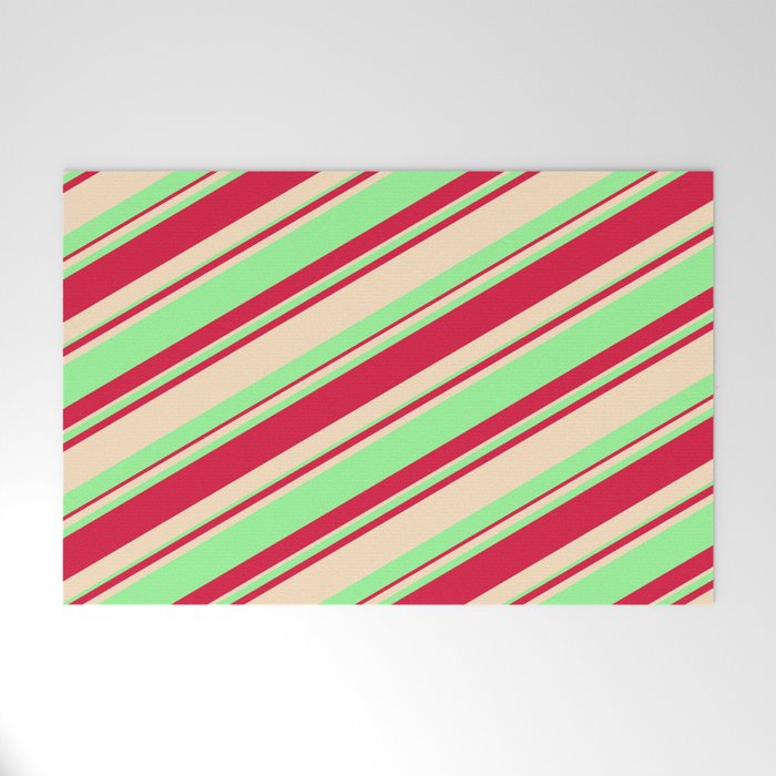 Bisque, Green, and Crimson Colored Striped/Lined Pattern Welcome Mat