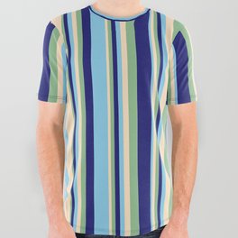 [ Thumbnail: Bisque, Dark Sea Green, Midnight Blue, and Sky Blue Colored Stripes Pattern All Over Graphic Tee ]