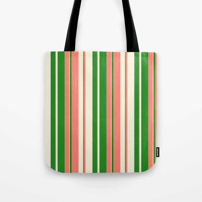 Salmon, Forest Green & Beige Colored Lined Pattern Tote Bag