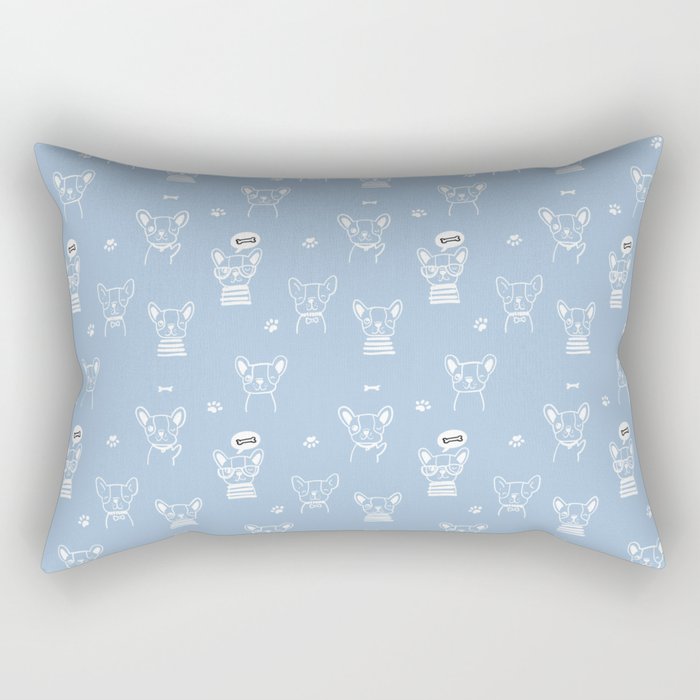 Pale Blue and White Hand Drawn Dog Puppy Pattern Rectangular Pillow