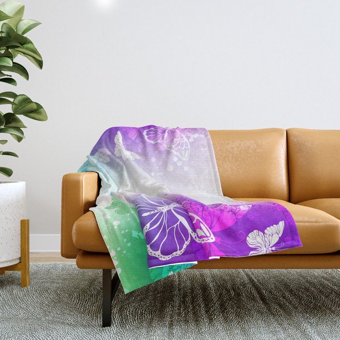 Bright Background with White Butterflies Throw Blanket