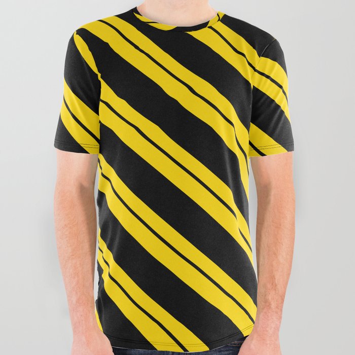 Yellow and Black Colored Lines Pattern All Over Graphic Tee