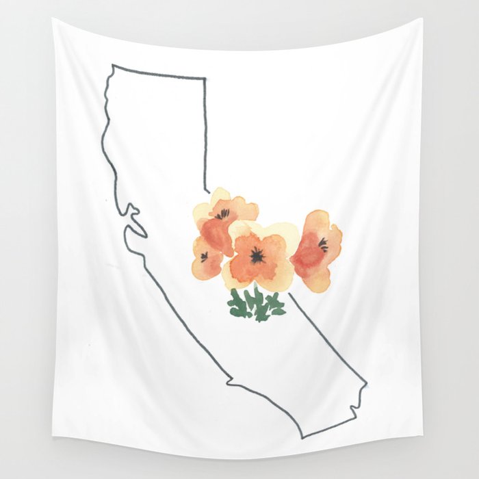 California Watercolor California Poppy State Flower Map Wall