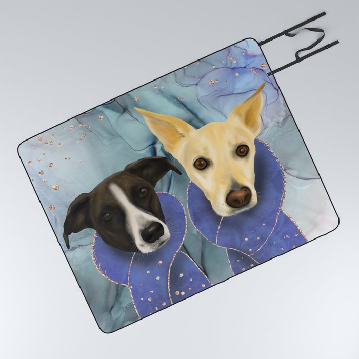 Two Cute Dogs - Family Portrait in Royal Blue Theme Picnic Blanket