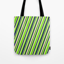 [ Thumbnail: Pale Goldenrod, Chartreuse & Midnight Blue Colored Lines Pattern Tote Bag ]