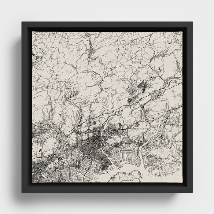 Okayama - Japan - Black and White City Map Framed Canvas