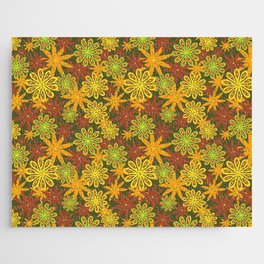 flower power // 70s inspired print // in olive, yellow, lime, tangerine, and maroon // by Ali Harris Jigsaw Puzzle