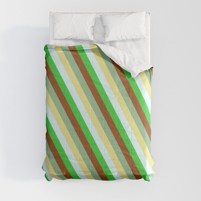 Dark Sea Green, Tan, Light Cyan, Lime Green, and Brown Colored Pattern of Stripes Comforter