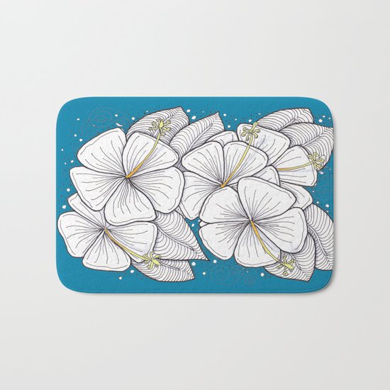 Zentangle Blue and Gold Hibiscus Blossoms for Flower Lovers Bath Mat