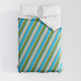 [ Thumbnail: Green, Deep Sky Blue & Light Grey Colored Pattern of Stripes Comforter ]