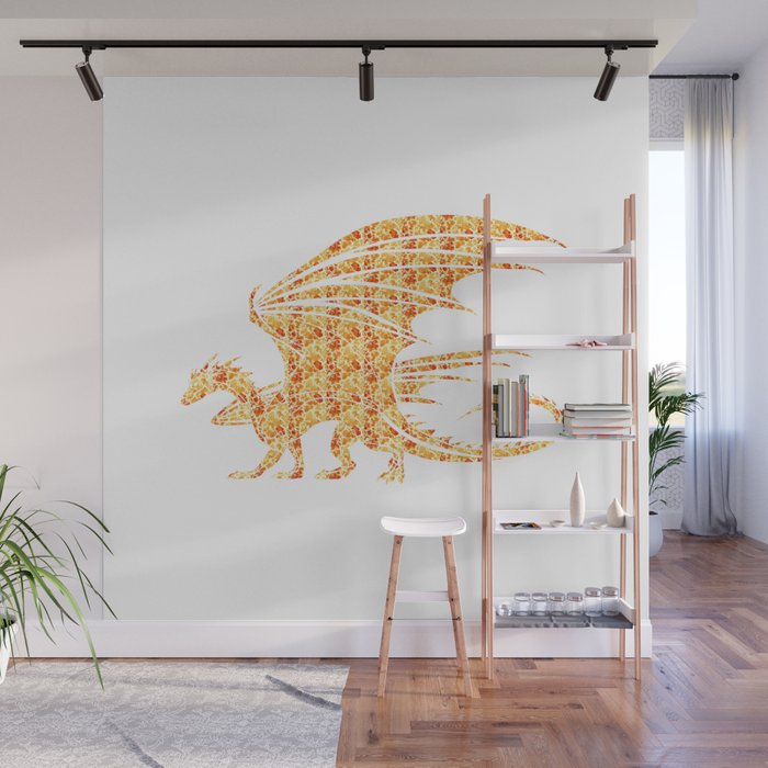 Dragon Silhouette Filled with Fiery Flames with Fiery Flames Wall Mural