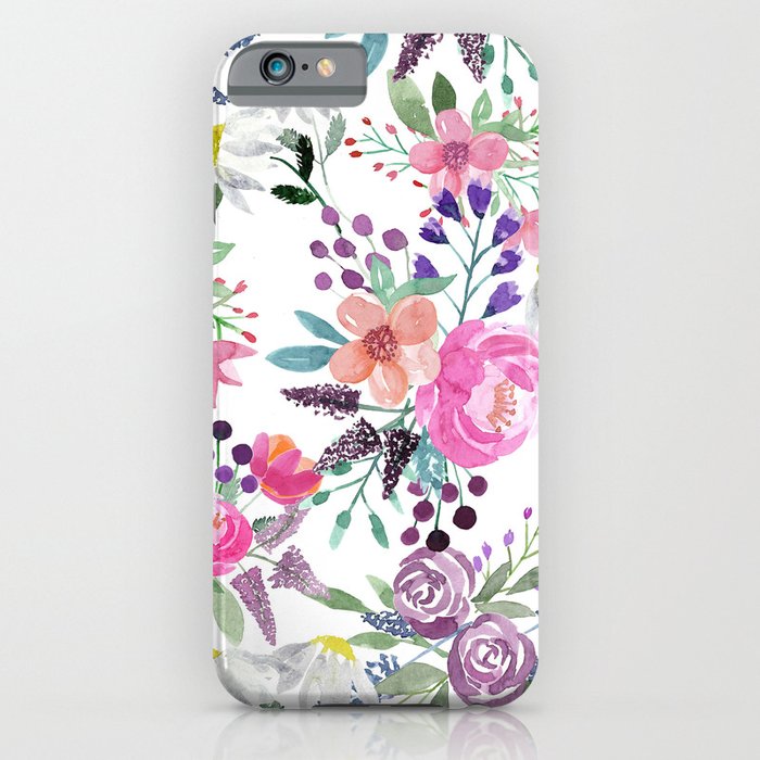 Watercolor pink purple green coral flowers  iPhone Case