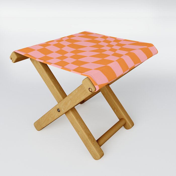 Warped Checkered Pattern (orange/pink) Folding Stool