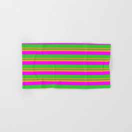 [ Thumbnail: Lime Green, Orange, and Fuchsia Colored Lined Pattern Hand & Bath Towel ]