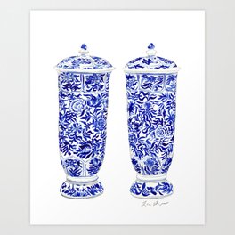 Blue and White China Ginger Jar Vases Pair Chinoiserie Chinese Asian Art Print