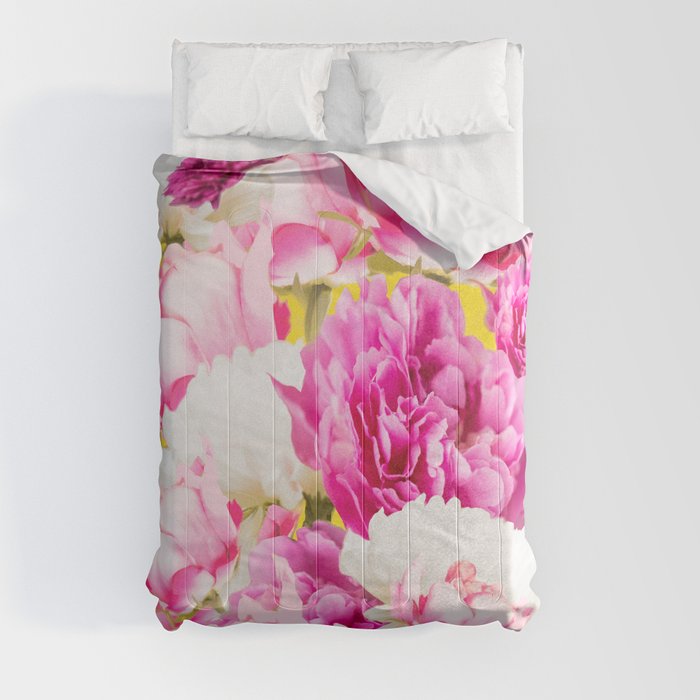 Beauties of nature - large pink flowers on a yellow background #decor #society6 #buyart Comforter