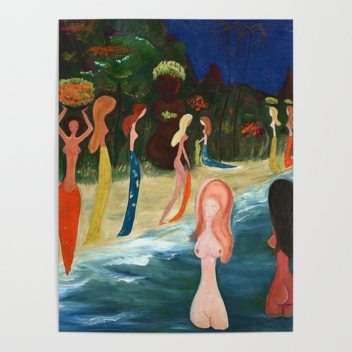 'Hawaiian Wahine Surfer Girls and Tiki Beach' landscape by Marguerite Blasingame Poster