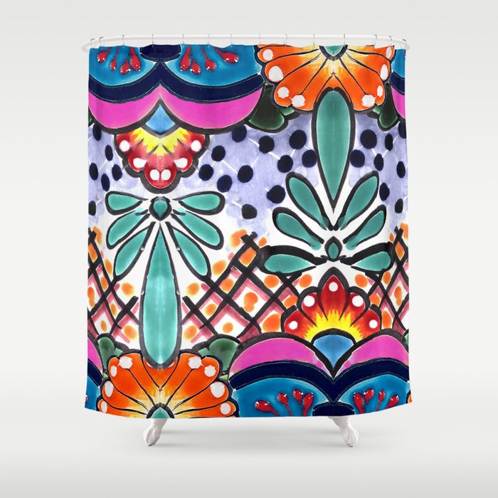 Colorful Talavera, Pink Accent, Large, Mexican Tile Design Shower Curtain
