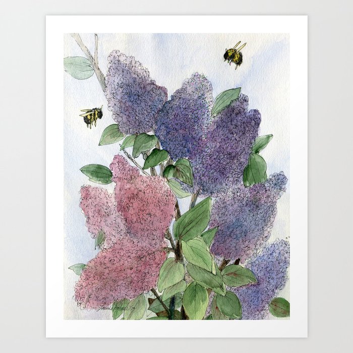Lilacs and Bees Watercolor Painting Art Print
