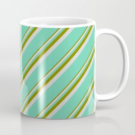 [ Thumbnail: Green, Light Grey & Aquamarine Colored Lined Pattern Coffee Mug ]