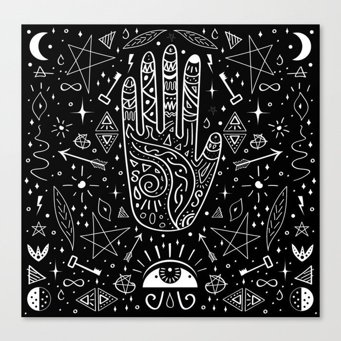 Black background occult pattern with mystical chalk signs Canvas Print