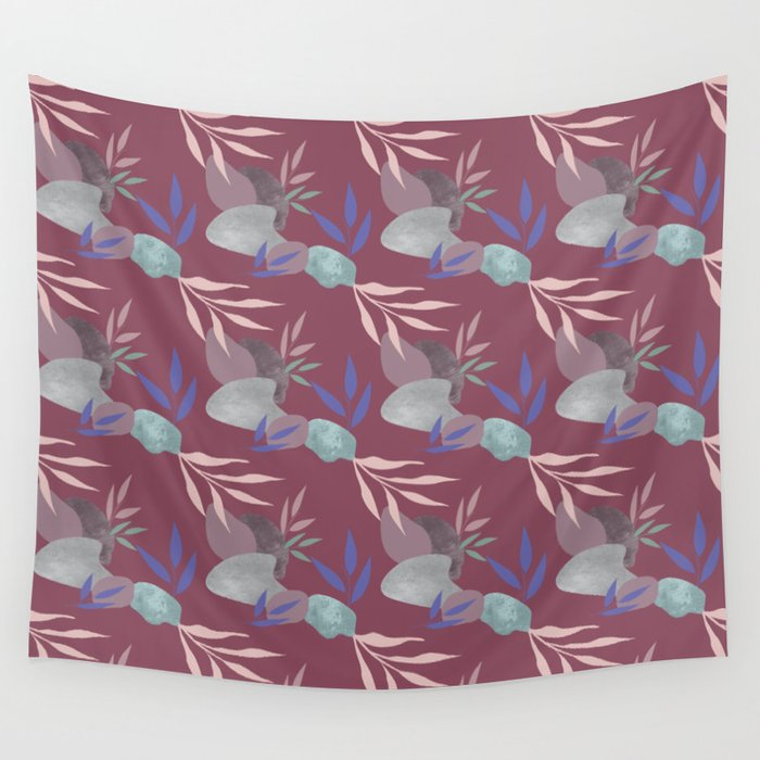 modern colorful leaves and stones on maroon wine Wall Tapestry