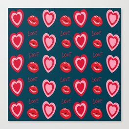 Hearts kiss love pattern blue Canvas Print