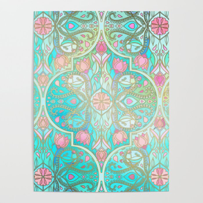 Floral Moroccan in Spring Pastels - Aqua, Pink, Mint & Peach Poster