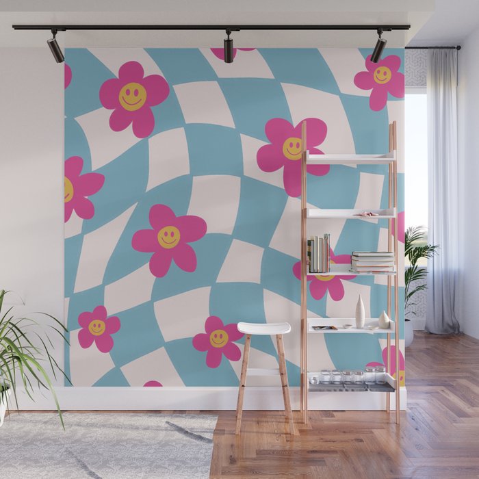 Retro Smiley Face 60s Flower with Blue Checkered Pattern Wall Mural