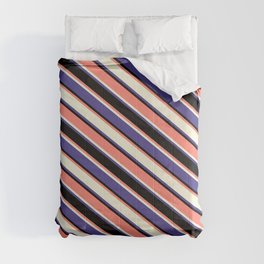 [ Thumbnail: Salmon, Beige, Dark Slate Blue & Black Colored Pattern of Stripes Comforter ]