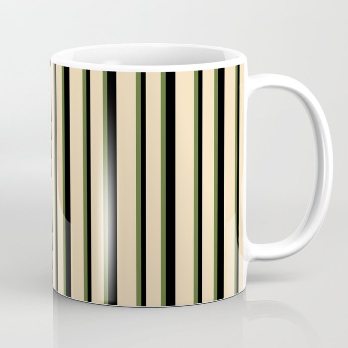 Dark Olive Green, Tan & Black Colored Striped Pattern Coffee Mug