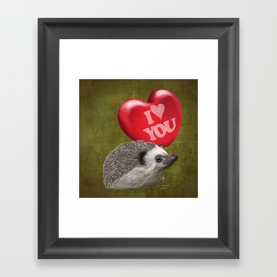 Hedgehog in love with a red balloon Framed Art Print