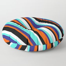 [ Thumbnail: Vibrant Mint Cream, Turquoise, Midnight Blue, Red & Black Colored Lines/Stripes Pattern Floor Pillow ]