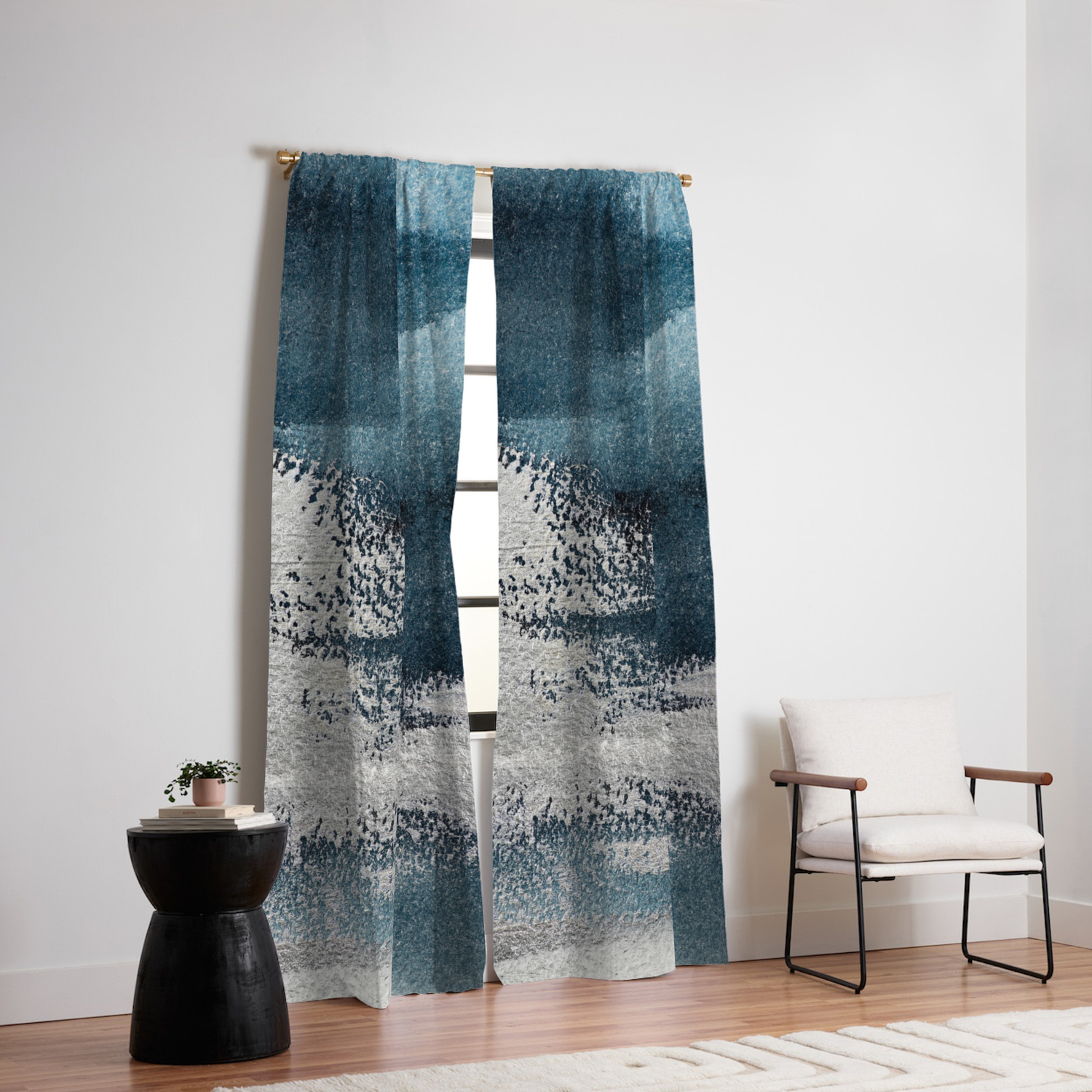 Navy Blue Silver Gray Abstract Painting Blackout Curtain By