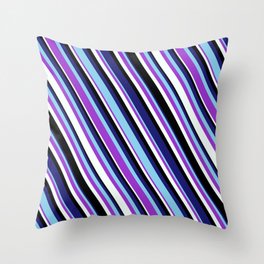 [ Thumbnail: Vibrant Midnight Blue, Sky Blue, Dark Orchid, Mint Cream, and Black Colored Lined/Striped Pattern Throw Pillow ]