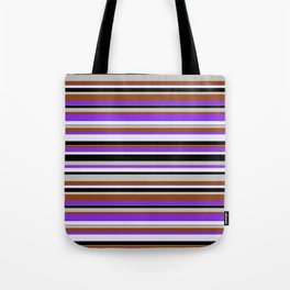 [ Thumbnail: Grey, Brown, Purple, Lavender & Black Colored Pattern of Stripes Tote Bag ]