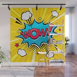 Comic speech bubble with expression text Wow!, stars and clouds. bright dynamic cartoon illustration in retro pop art style on halftone background Wall Mural