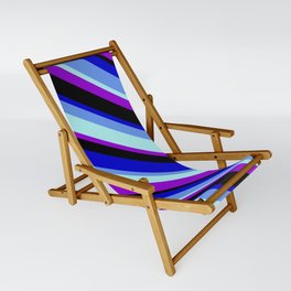 [ Thumbnail: Colorful Blue, Cornflower Blue, Turquoise, Dark Violet, and Black Colored Pattern of Stripes Sling Chair ]