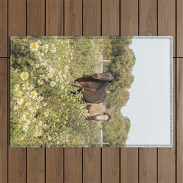 Horses in a Field of Wildflowers | Portugal Travel Art Print | Animal Photography in Europe Outdoor Rug