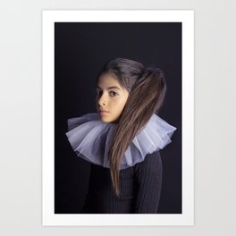 Girl with voluminous white collar and long ponytail Art Print