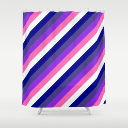 [ Thumbnail: Colorful Dark Blue, Dark Slate Blue, Purple, Hot Pink, and Mint Cream Colored Striped/Lined Pattern Shower Curtain ]