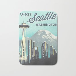 Visit Seattle Washington Bath Mat | Landscape, Seattle, Yellow, Vintage, Washington, Wanderlust, City, Aqua, Digital, Painting 