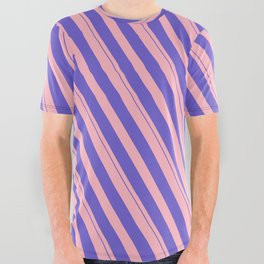 [ Thumbnail: Light Pink and Slate Blue Colored Lined Pattern All Over Graphic Tee ]