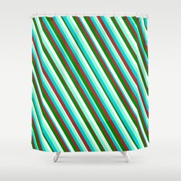 [ Thumbnail: Eyecatching Aquamarine, Dark Turquoise, Brown, Green, and Mint Cream Colored Pattern of Stripes Shower Curtain ]