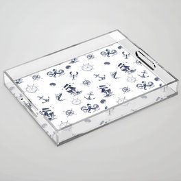 Navy Blue Silhouettes Of Vintage Nautical Pattern Acrylic Tray
