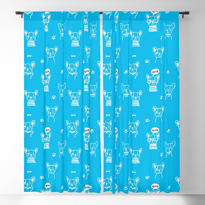 Turquoise and White Hand Drawn Dog Puppy Pattern Blackout Curtain