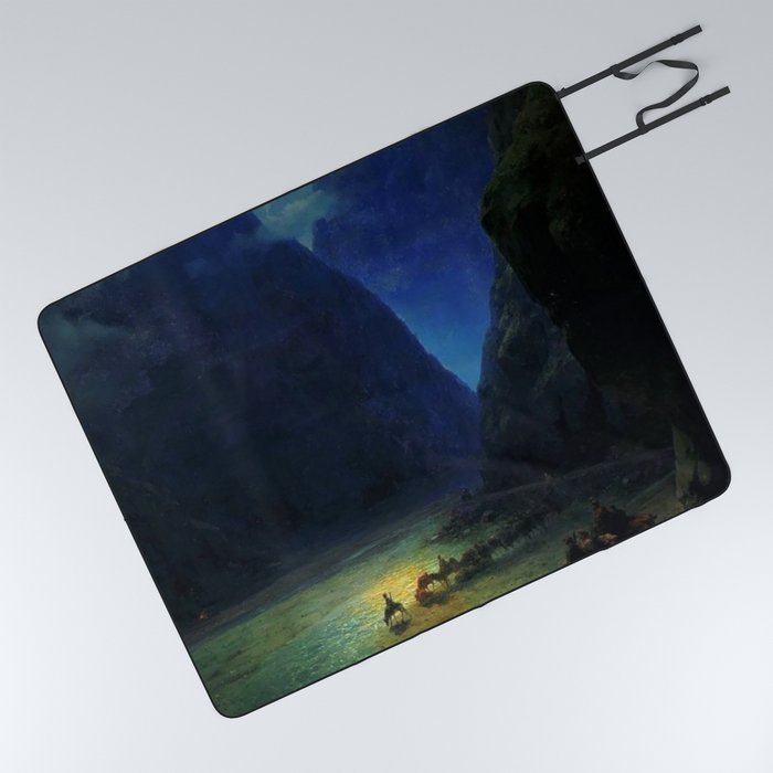 Twilight Blue in the Darial Gorge horsepack river crossing landscape painting by Ivan Aivazovsky Picnic Blanket