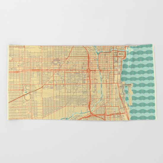 Chicago Map Retro Beach Towel