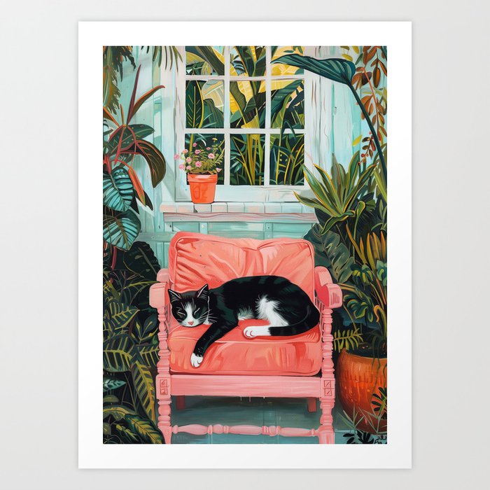 Graceful Harmony: Monochrome Cat on Crimson Chair Art Print